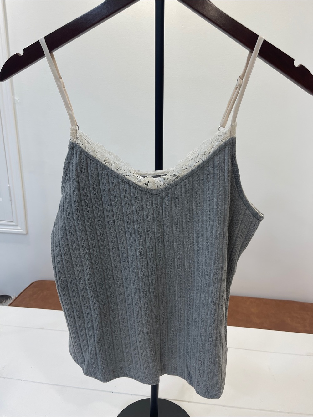 Blu Pepper Gray Ribbed Lace-Trim Cami with Cream Straps